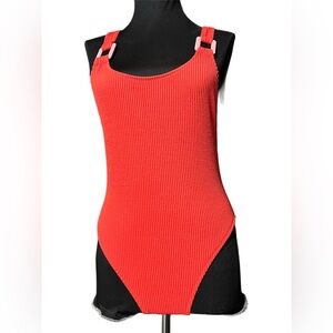 Aerie Shimmery Crinkle Birthday Scoop Cheekiest One Piece Swimsuit Med Red NWT